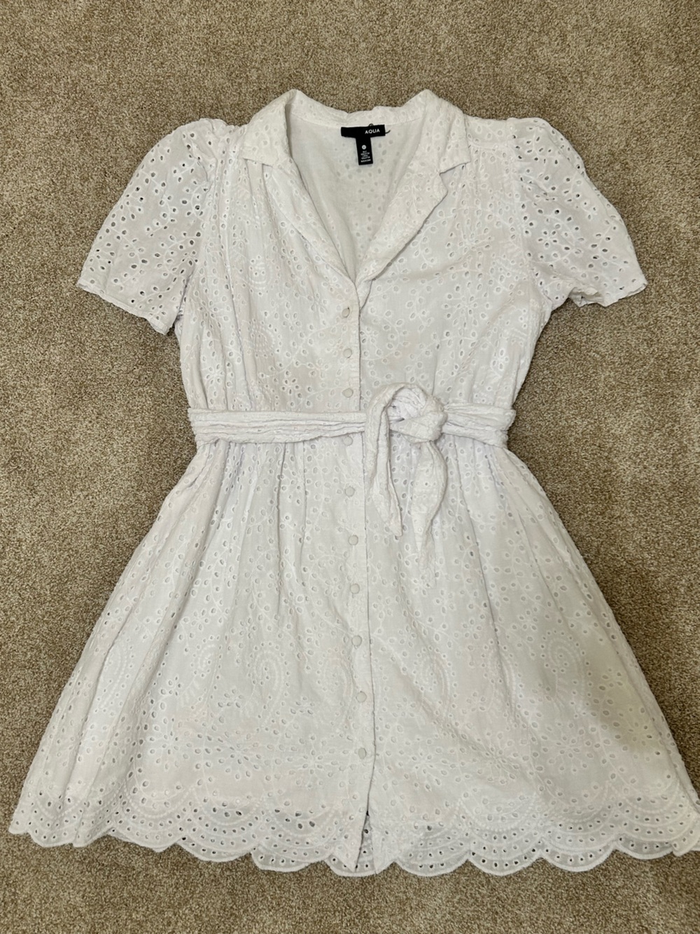 Aqua White Eyelet Button-Front Shirt Dress with attached belt size L